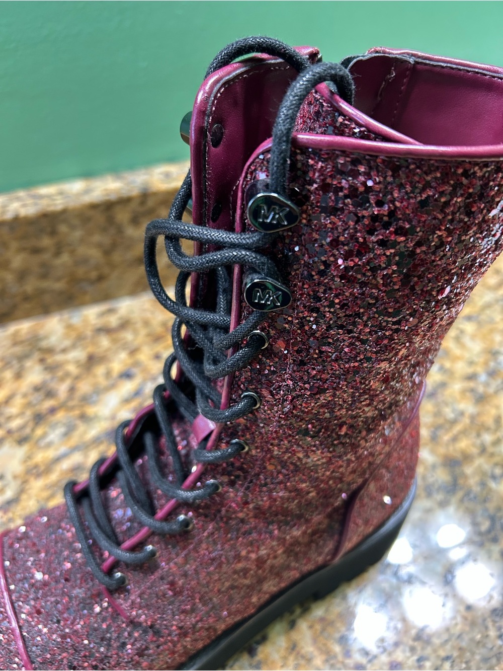 Michael Kors Burgundy Glitter Lace-Up Combat Boots - Picture 6 of 7